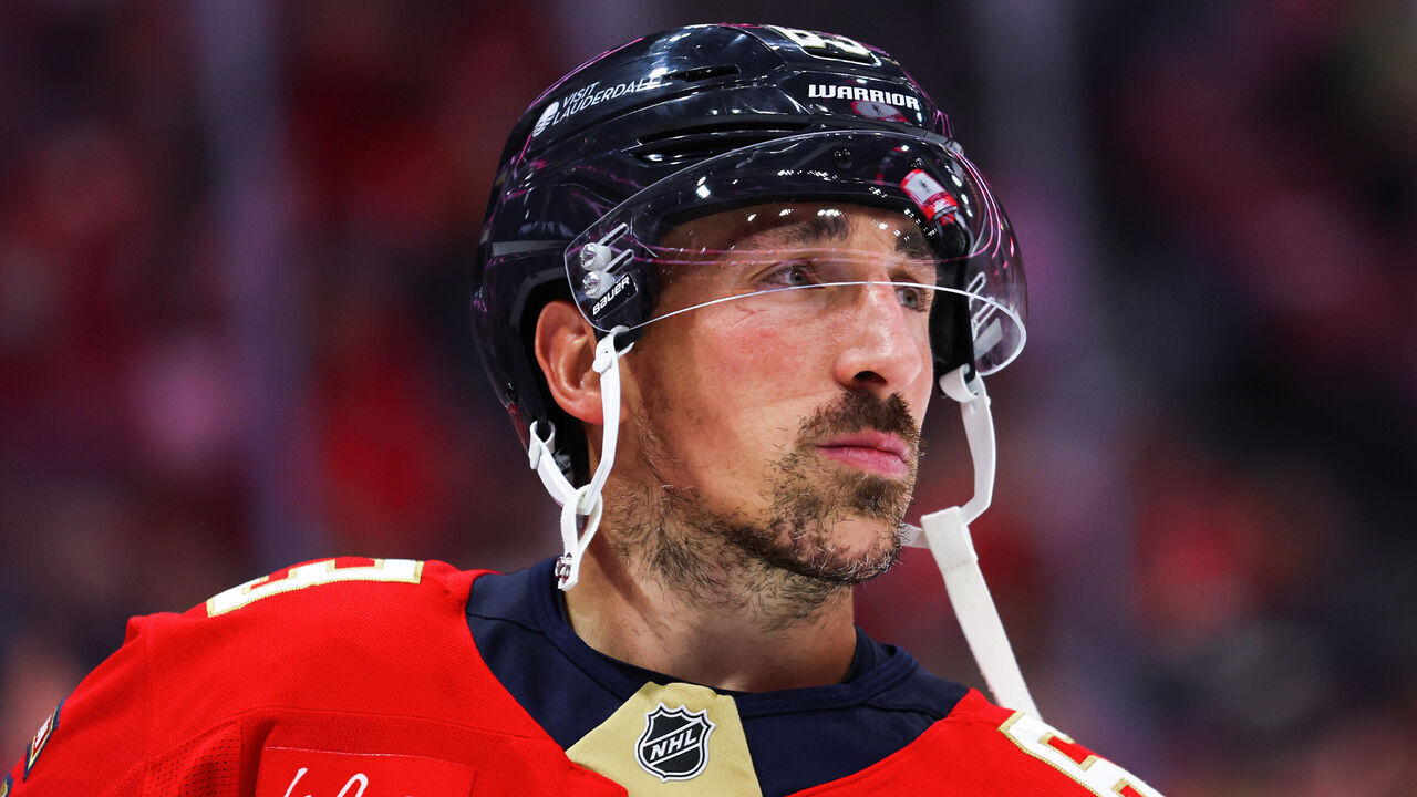 SUNRISE, FLORIDA - OCTOBER 25: Brad Marchand #63 of the Florida Panthers looks on against the Vegas Golden Knights during the second period of the game at Amerant Bank Arena on October 25, 2025 in Sunrise, Florida.