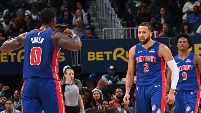 DETROIT, MI - OCTOBER 29: Jalen Duren #0 and Cade Cunningham #2 of the Detroit Pistons celebrates during the game against the Orlando Magic on October 29, 2025 at Little Caesars Arena in Detroit, Michigan. NOTE TO USER: User expressly acknowledges and agrees that, by downloading and/or using this photograph, User is consenting to the terms and conditions of the Getty Images License Agreement. Mandatory Copyright Notice: Copyright 2025 NBAE