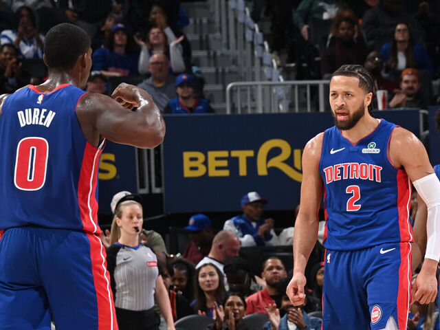 DETROIT, MI - OCTOBER 29: Jalen Duren #0 and Cade Cunningham #2 of the Detroit Pistons celebrates during the game against the Orlando Magic on October 29, 2025 at Little Caesars Arena in Detroit, Michigan. NOTE TO USER: User expressly acknowledges and agrees that, by downloading and/or using this photograph, User is consenting to the terms and conditions of the Getty Images License Agreement. Mandatory Copyright Notice: Copyright 2025 NBAE
