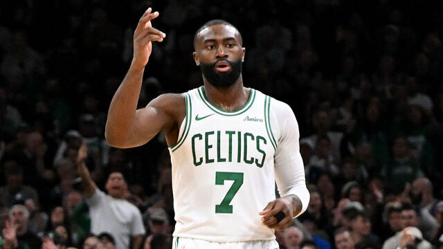 BOSTON, MASSACHUSETTS - OCTOBER 29: Jaylen Brown #7 of the Boston Celtics gestures after making a three-point basket against the Cleveland Cavaliers during the second quarter at the TD Garden on October 29, 2025 in Boston, Massachusetts.