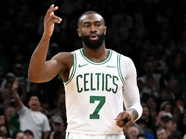 BOSTON, MASSACHUSETTS - OCTOBER 29: Jaylen Brown #7 of the Boston Celtics gestures after making a three-point basket against the Cleveland Cavaliers during the second quarter at the TD Garden on October 29, 2025 in Boston, Massachusetts.