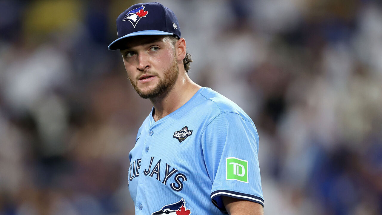 LOS ANGELES, CALIFORNIA - OCTOBER 29: Trey Yesavage #39 of the Toronto Blue Jays walks to the dugout after pitching the third inning against the Los Angeles Dodgers in game five of the 2025 World Series at Dodger Stadium on October 29, 2025 in Los Angeles, California.