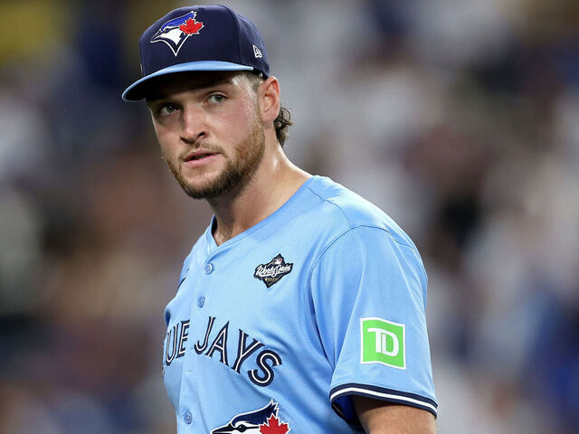 LOS ANGELES, CALIFORNIA - OCTOBER 29: Trey Yesavage #39 of the Toronto Blue Jays walks to the dugout after pitching the third inning against the Los Angeles Dodgers in game five of the 2025 World Series at Dodger Stadium on October 29, 2025 in Los Angeles, California.