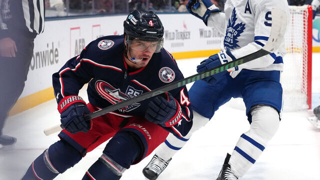 COLUMBUS, OHIO - OCTOBER 29: Cole Sillinger #4 of the Columbus Blue Jackets reacts to scoring a goal during the second period against the Toronto Maple Leafs at Nationwide Arena on October 29, 2025 in Columbus, Ohio.