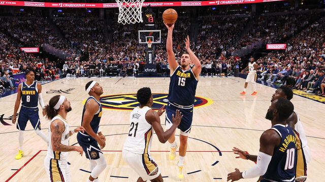 DENVER, COLORADO - OCTOBER 29: Nikola Joki #15 of the Denver Nuggets shoots the ball against the New Orleans Pelicans during the third quarter at Ball Arena on October 29, 2025 in Denver, Colorado.