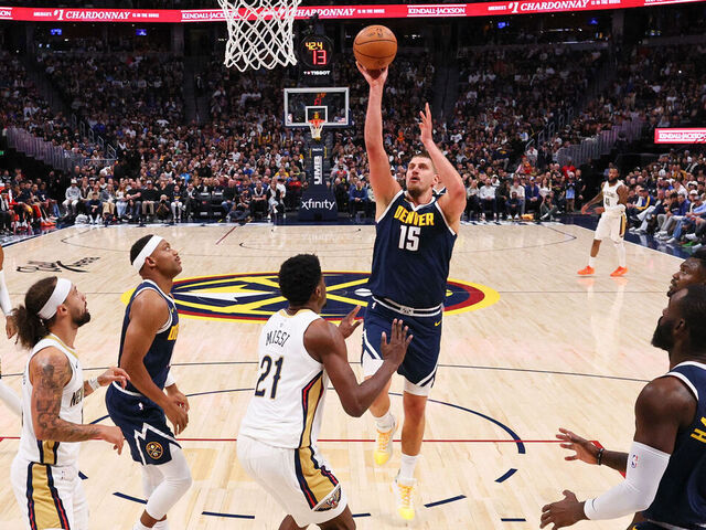 DENVER, COLORADO - OCTOBER 29: Nikola Joki #15 of the Denver Nuggets shoots the ball against the New Orleans Pelicans during the third quarter at Ball Arena on October 29, 2025 in Denver, Colorado.