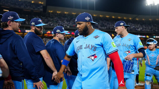 LOS ANGELES, CA - OCTOBER 29: Vladimir Guerrero Jr. #27 of the Toronto Blue Jays celebrates with teammates after winning Game Five of the 2025 World Series presented by Capital One between the Toronto Blue Jays and the Los Angeles Dodgers at Dodger Stadium on Wednesday, October 29, 2025 in Los Angeles, California.