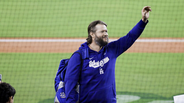 LOS ANGELES, CA - OCTOBER 29: Clayton Kershaw #22 of the Los Angeles Dodgers waves to his family after Game Five of the 2025 World Series presented by Capital One between the Toronto Blue Jays and the Los Angeles Dodgers at Dodger Stadium on Wednesday, October 29, 2025 in Los Angeles, California.