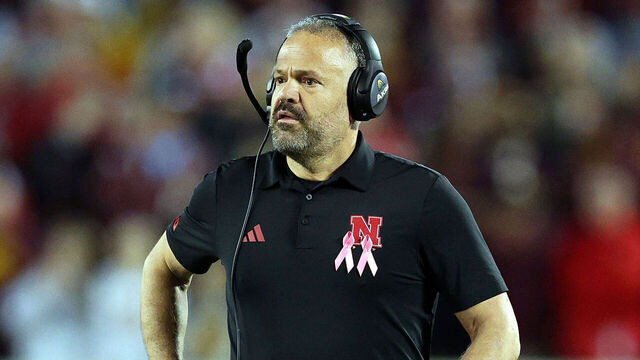 MINNEAPOLIS, MINNESOTA - OCTOBER 17: Head coach Matt Rhule of the Nebraska Cornhuskers looks on against the Minnesota Golden Gophers in the first quarter at Huntington Bank Stadium on October 17, 2025 in Minneapolis, Minnesota.