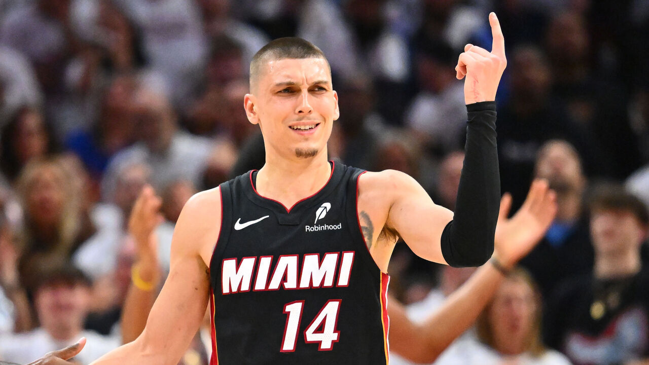 CLEVELAND, OHIO - APRIL 23: Haywood Highsmith #24 celebrates with Tyler Herro #14 of the Miami Heat during the fourth quarter of game two of the first round of the Eastern Conference Playoffs against the Cleveland Cavaliers at Rocket Arena on April 23, 2025 in Cleveland, Ohio. The Cavaliers defeated the Heat 121-112.