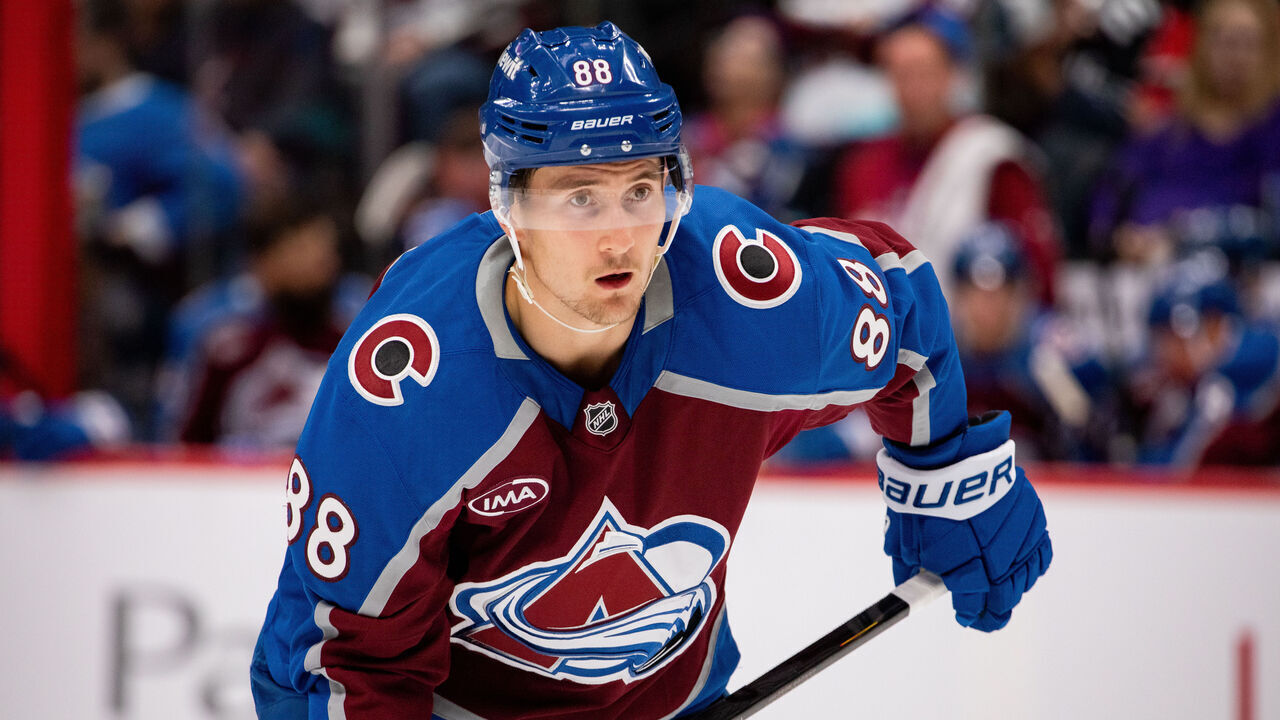 DENVER, COLORADO - OCTOBER 28: Martin Necas #88 of the Colorado Avalanche looks on during the third period of the game against the New Jersey Devils at Ball Arena on October 28, 2025 in Denver, Colorado.
