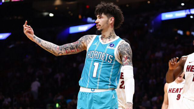 MIAMI, FLORIDA - OCTOBER 28: (EDITOR'S NOTE: Image contains profanity.) LaMelo Ball #1 of the Charlotte Hornets reacts during the fourth quarter of the game against the Miami Heat at Kaseya Center on October 28, 2025 in Miami, Florida.
