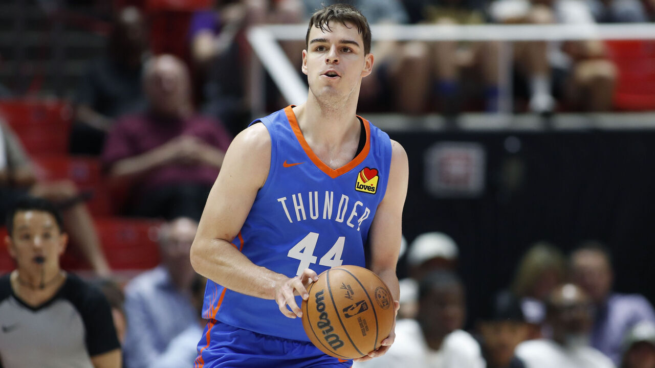 SALT LAKE CITY, UT - JULY 8 : NIkola Topic #44 of the Oklahoma City Thunder sets to shoot agaisnt the Utah Jazz during the first half of their NBA Summer League game at the Jon M. Huntsman Center on July 8, 2025 in Salt Lake City, Utah.