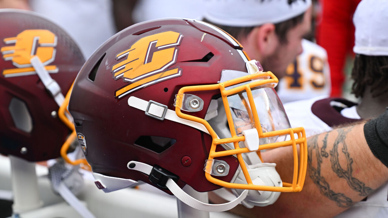 ANN ARBOR, MI - SEPTEMBER 13: Central Michigan Chippewas helmet on the sidelines during the Michigan Wolverines versus the Central Michigan Chippewas game on Saturday September 13, 2025 at Michigan Stadium in Ann Arbor, MI.