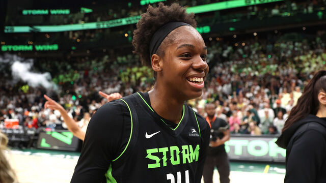SEATTLE, WA - SEPTEMBER 16: Dominique Malonga #14 of the Seattle Storm smiles after winning the game against the Las Vegas Aces during round 1 game 2 on September 16, 2025 at Climate Pledge Arena in Seattle, Washington. Mandatory Copyright Notice: Copyright 2025 NBAE