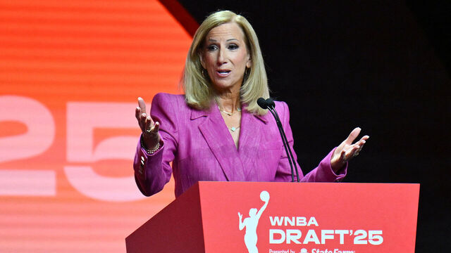 WNBA commissionner Cathy Engelbert speaks during the 2025 WNBA Draft at the Shed in New York City on April 14, 2025.