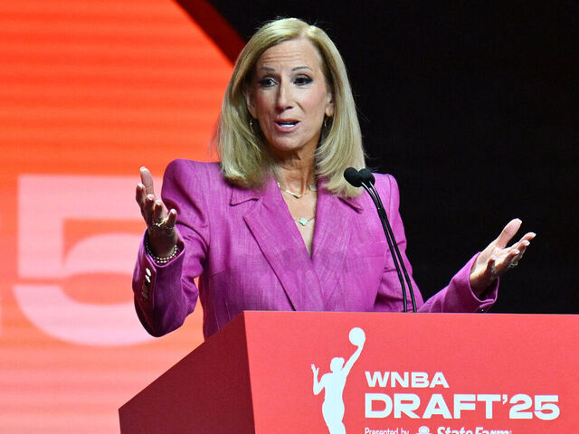 WNBA commissionner Cathy Engelbert speaks during the 2025 WNBA Draft at the Shed in New York City on April 14, 2025.