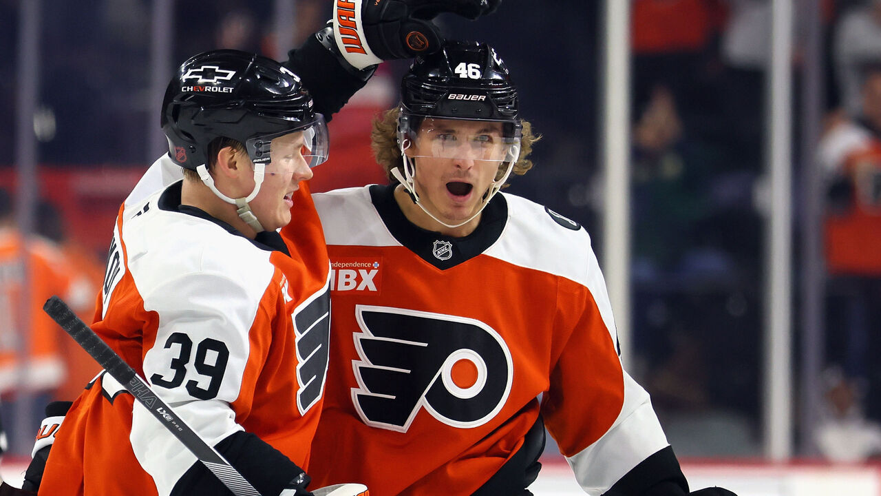 PHILADELPHIA, PENNSYLVANIA - OCTOBER 30: Trevor Zegras #46 of the Philadelphia Flyers (r) celebrates his second period goal against the Nashville Predators and is joined by Matvei Michkov #39 (l) at Xfinity Mobile Arena on October 30, 2025 in Philadelphia, Pennsylvania.