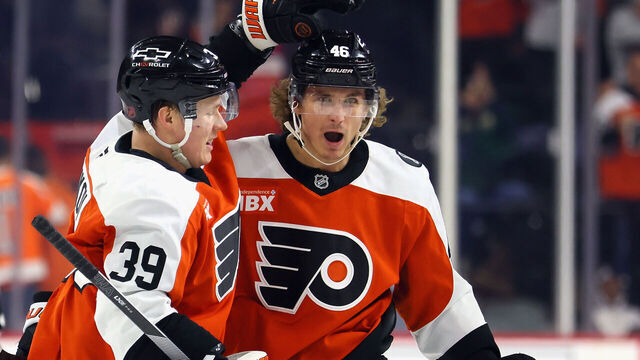 PHILADELPHIA, PENNSYLVANIA - OCTOBER 30: Trevor Zegras #46 of the Philadelphia Flyers (r) celebrates his second period goal against the Nashville Predators and is joined by Matvei Michkov #39 (l) at Xfinity Mobile Arena on October 30, 2025 in Philadelphia, Pennsylvania.