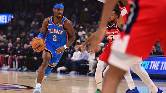 OKLAHOMA CITY, OKLAHOMA - OCTOBER 30: Shai Gilgeous-Alexander #2 of the Oklahoma City Thunder handles the ball during the first half against the Washington Wizards at Paycom Center on October 30, 2025 in Oklahoma City, Oklahoma.
