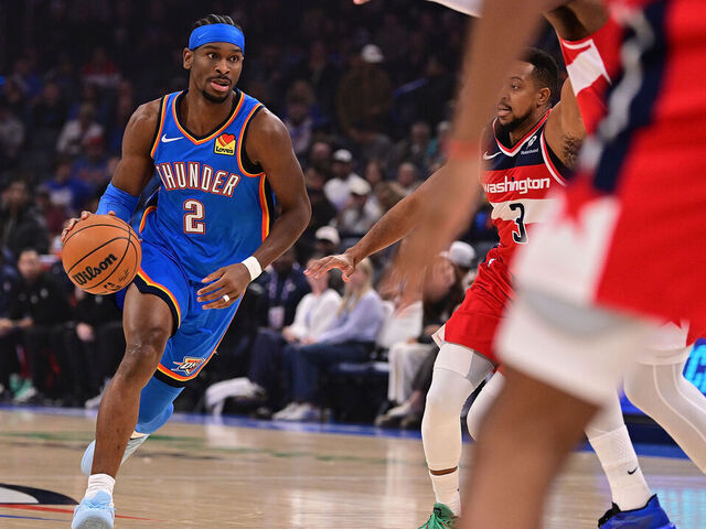 OKLAHOMA CITY, OKLAHOMA - OCTOBER 30: Shai Gilgeous-Alexander #2 of the Oklahoma City Thunder handles the ball during the first half against the Washington Wizards at Paycom Center on October 30, 2025 in Oklahoma City, Oklahoma.
