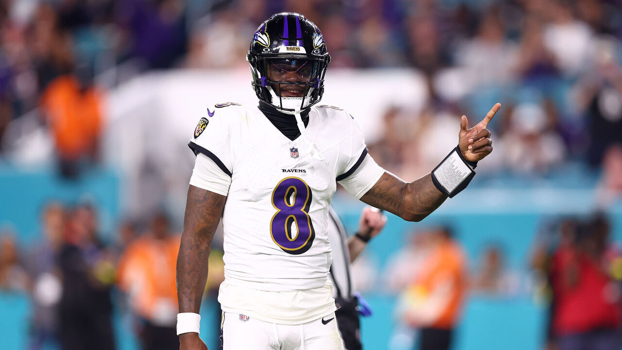MIAMI GARDENS, FLORIDA - OCTOBER 30: Lamar Jackson #8 of the Baltimore Ravens celebrates a play against the Miami Dolphins during the third quarter in the game at Hard Rock Stadium on October 30, 2025 in Miami Gardens, Florida.