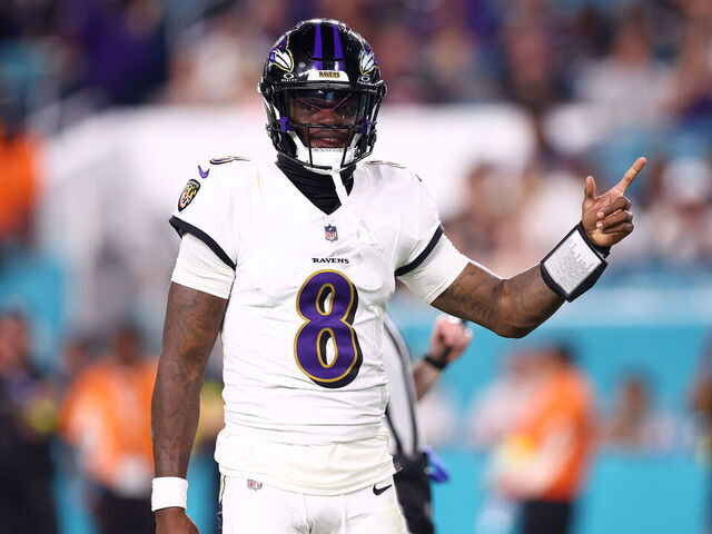 MIAMI GARDENS, FLORIDA - OCTOBER 30: Lamar Jackson #8 of the Baltimore Ravens celebrates a play against the Miami Dolphins during the third quarter in the game at Hard Rock Stadium on October 30, 2025 in Miami Gardens, Florida.