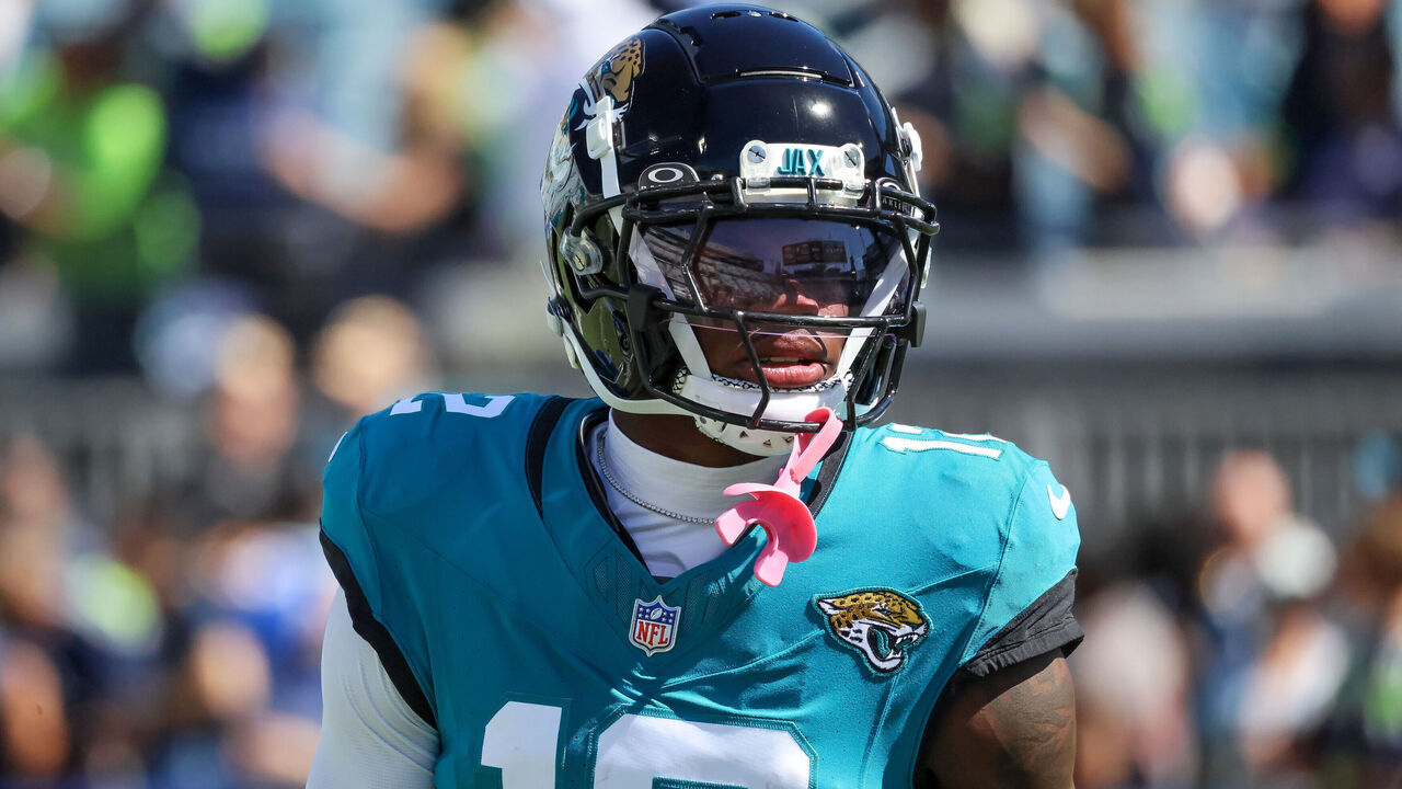 JACKSONVILLE, FLORIDA - OCTOBER 12: Travis Hunter #12 of the Jacksonville Jaguars warms up prior to the game against the Seattle Seahawks at EverBank Field on October 12, 2025 in Jacksonville, Florida.