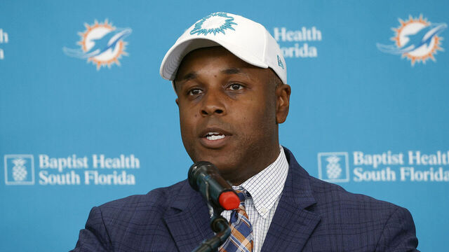 MIAMI GARDENS, FL - FEBRUARY 10: General Manager Chris Grier of the Miami Dolphins talks to the media prior to introducing new head coach Mike McDaniel on February 10, 2022 at the Miami Dolphins Baptist Health Training Complex in Miami Gardens, Florida.