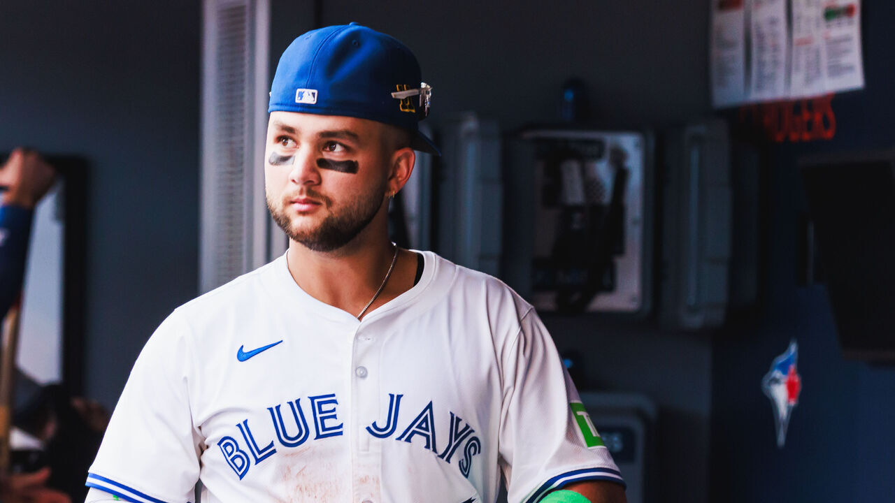 TORONTO, ON - AUGUST 16: Toronto Blue Jays infielder Bo Bichette (11) is seen after an MLB game between the Texas Rangers and the Toronto Blue Jays on August 16, 2025, at Rogers Centre in Toronto, ON.