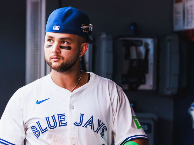 TORONTO, ON - AUGUST 16: Toronto Blue Jays infielder Bo Bichette (11) is seen after an MLB game between the Texas Rangers and the Toronto Blue Jays on August 16, 2025, at Rogers Centre in Toronto, ON.