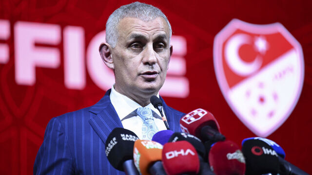 ISTANBUL, TURKIYE - APRIL 23: Turkish Football Federation President Ibrahim Haciosmanoglu makes a speech at the gala dinner held at Ciragan Palace ahead of the opening of UEFA's Istanbul Office on April 23, 2025 in Istanbul, Turkiye.