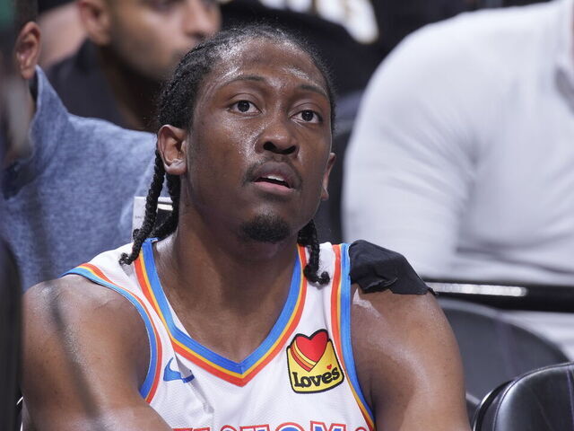 SACRAMENTO, CA - NOVEMBER 25: Jalen Williams #8 of the Oklahoma City Thunder looks on from the bench during the game against the Sacramento Kings on November 25, 2024 at Golden 1 Center in Sacramento, California. NOTE TO USER: User expressly acknowledges and agrees that, by downloading and or using this photograph, User is consenting to the terms and conditions of the Getty Images Agreement. Mandatory Copyright Notice: Copyright 2024 NBAE