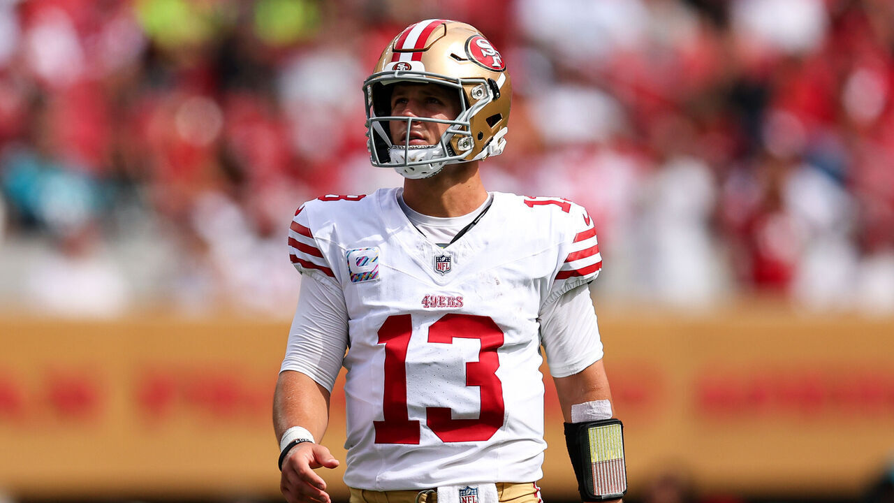 SANTA CLARA, CALIFORNIA - SEPTEMBER 28: Brock Purdy #13 of the San Francisco 49ers walks the field during the game against the Jacksonville Jaguars at Levi's Stadium on September 28, 2025 in Santa Clara, California.