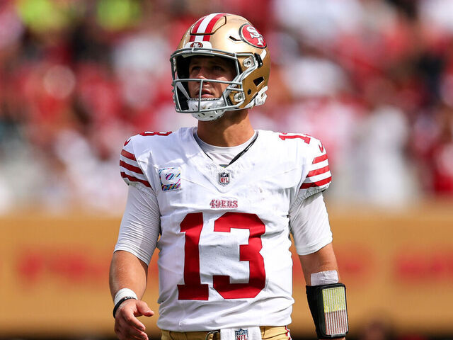 SANTA CLARA, CALIFORNIA - SEPTEMBER 28: Brock Purdy #13 of the San Francisco 49ers walks the field during the game against the Jacksonville Jaguars at Levi's Stadium on September 28, 2025 in Santa Clara, California.