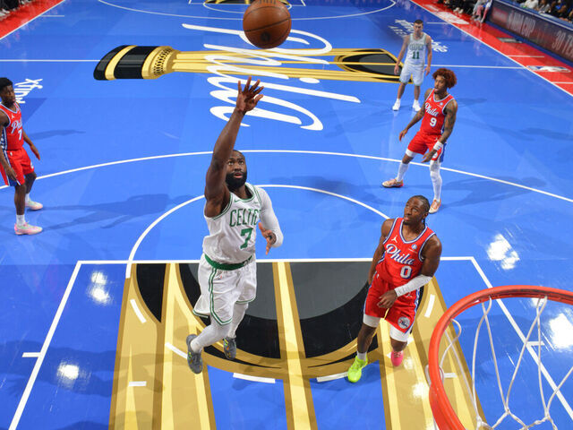 PHILADELPHIA, PA - OCTOBER 31: Jaylen Brown #7 of the Boston Celtics shoots the ball during the game against the Philadelphia 76ers during the 2025-26 Emirates Cup on October 31, 2025 at the Wells Fargo Center in Philadelphia, Pennsylvania NOTE TO USER: User expressly acknowledges and agrees that, by downloading and/or using this Photograph, user is consenting to the terms and conditions of the Getty Images License Agreement. Mandatory Copyright Notice: Copyright 2025 NBAE