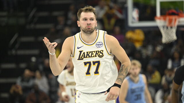 MEMPHIS, TENNESSEE - OCTOBER 31: Luka Doncic #77 of the Los Angeles Lakers celebrates a made three-pointer during an NBA Cup game at FedExForum on October 31, 2025 in Memphis, Tennessee.