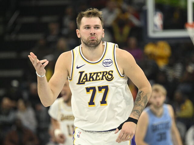 MEMPHIS, TENNESSEE - OCTOBER 31: Luka Doncic #77 of the Los Angeles Lakers celebrates a made three-pointer during an NBA Cup game at FedExForum on October 31, 2025 in Memphis, Tennessee.