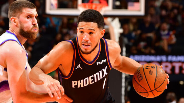 PHOENIX, AZ - OCTOBER 31: Devin Booker #1 of the Phoenix Suns dribbles the ball during the game against the Utah Jazz on October 31, 2025 at PHX Arena in Phoenix, Arizona. Mandatory Copyright Notice: Copyright 2025 NBAE