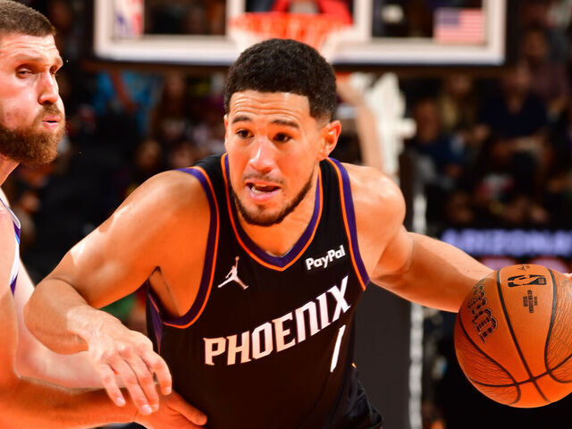 PHOENIX, AZ - OCTOBER 31: Devin Booker #1 of the Phoenix Suns dribbles the ball during the game against the Utah Jazz on October 31, 2025 at PHX Arena in Phoenix, Arizona. Mandatory Copyright Notice: Copyright 2025 NBAE