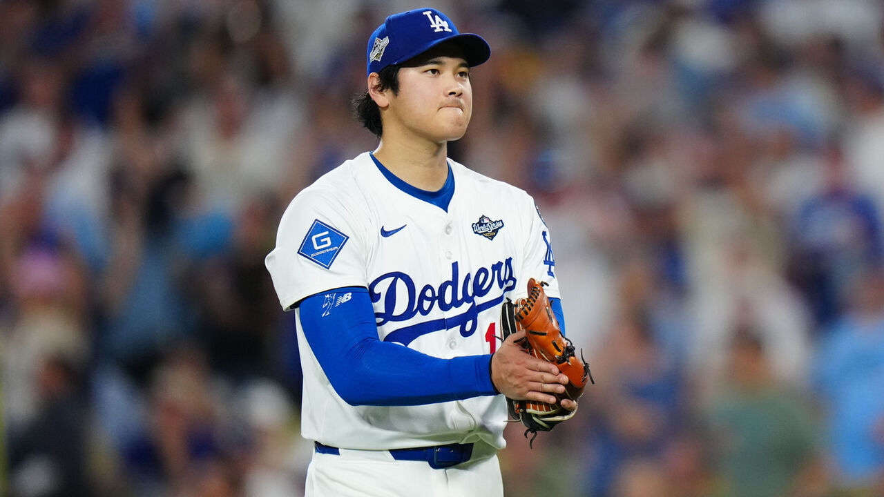 LOS ANGELES, CA - OCTOBER 28: Shohei Ohtani #17 of the Los Angeles Dodgers reacts after pitching during Game Four of the 2025 World Series presented by Capital One between the Toronto Blue Jays and the Los Angeles Dodgers at Dodger Stadium on Tuesday, October 28, 2025 in Los Angeles, California.