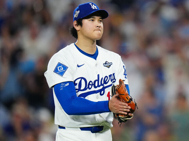LOS ANGELES, CA - OCTOBER 28: Shohei Ohtani #17 of the Los Angeles Dodgers reacts after pitching during Game Four of the 2025 World Series presented by Capital One between the Toronto Blue Jays and the Los Angeles Dodgers at Dodger Stadium on Tuesday, October 28, 2025 in Los Angeles, California.