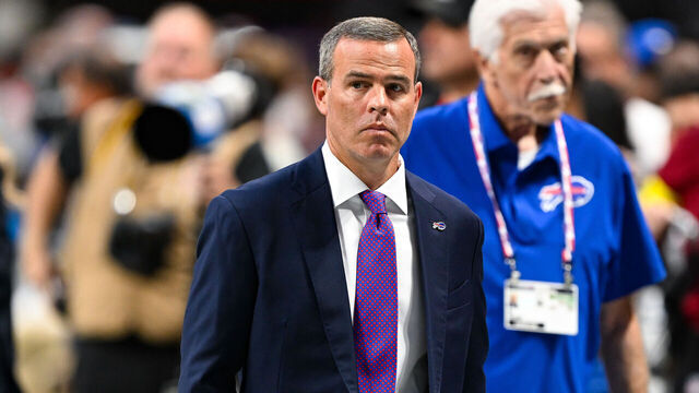 ATLANTA, GA - OCTOBER 13: Buffalo general manager Brandon Beane looks on prior to the start of the NFL game between the Buffalo Bills and the Atlanta Falcons on October 13th, 2025 at Mercedes-Benz Stadium in Atlanta, GA.