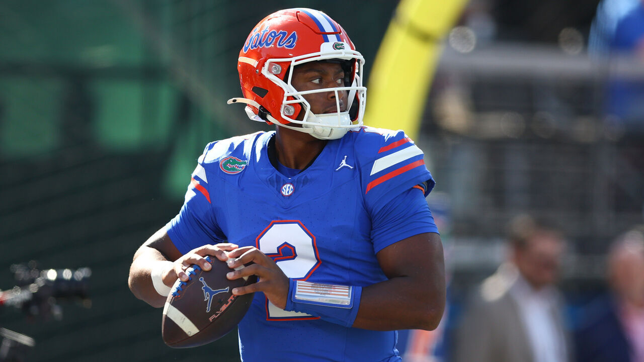 JACKSONVILLE, FLORIDA - NOVEMBER 01: DJ Lagway #2 of the Florida Gators warms up prior to playing the Georgia Bulldogs at EverBank Stadium on November 01, 2025 in Jacksonville, Florida.