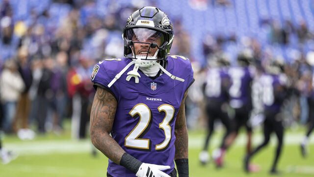 BALTIMORE, MARYLAND - OCTOBER 12: Jaire Alexander #23 of the Baltimore Ravens reacts prior to an NFL football game against the Los Angeles Rams at M&T Bank Stadium on October 12, 2025 in Baltimore, Maryland.