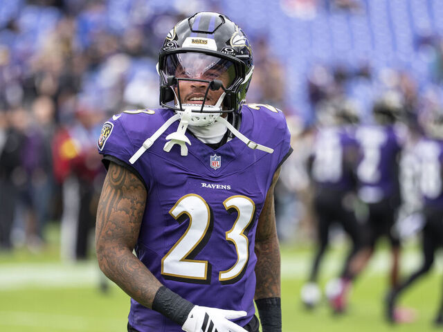 BALTIMORE, MARYLAND - OCTOBER 12: Jaire Alexander #23 of the Baltimore Ravens reacts prior to an NFL football game against the Los Angeles Rams at M&T Bank Stadium on October 12, 2025 in Baltimore, Maryland.