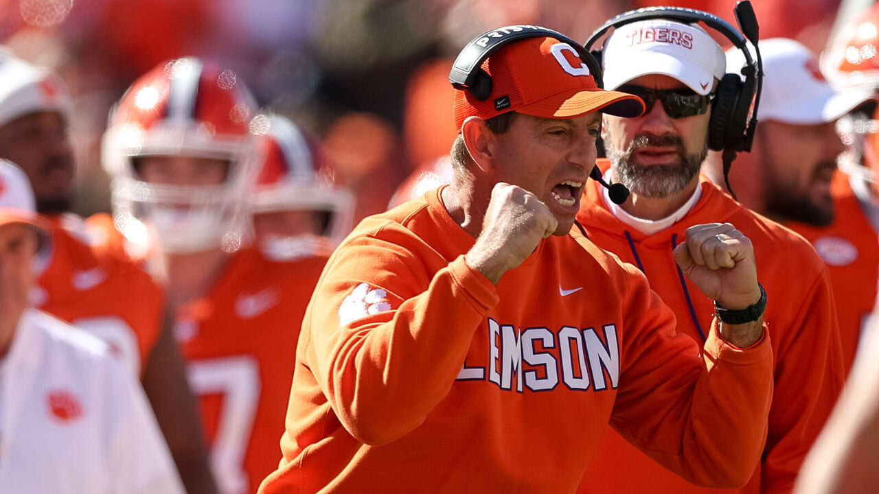 CLEMSON, SOUTH CAROLINA - NOVEMBER 1: Dabo Swinney of the Clemson Tigers reacts to a play during the first half against the Duke Blue Devils at Memorial Stadium on November 1, 2025 in Clemson, South Carolina.