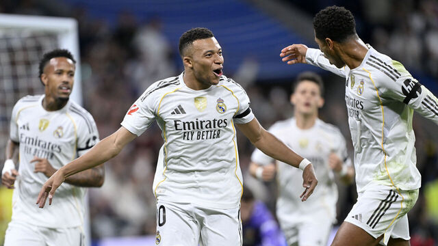MADRID, SPAIN - NOVEMBER 01: Kylian Mbappe of Real Madrid celebrates after scoring a goal during the La Liga 11th week match between Real Madrid and Valencia at Estadio Santiago Bernabeu in Madrid, Spain on November 01, 2025.