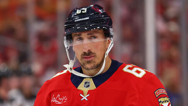 SUNRISE, FLORIDA - OCTOBER 25: Brad Marchand #63 of the Florida Panthers looks on against the Vegas Golden Knights during the second period of the game at Amerant Bank Arena on October 25, 2025 in Sunrise, Florida.