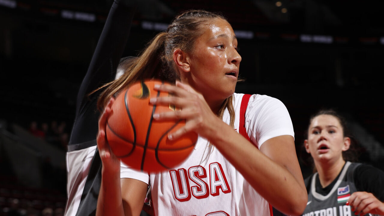 PORTLAND, OR - APRIL 12: Sienna Betts #13 of Team USA handles the ball during the game against Team World during the 2025 Nike Hoop Summit on April 12, 2025 at the Moda Center Arena in Portland, Oregon. Mandatory Copyright Notice: Copyright 2024 NBAE